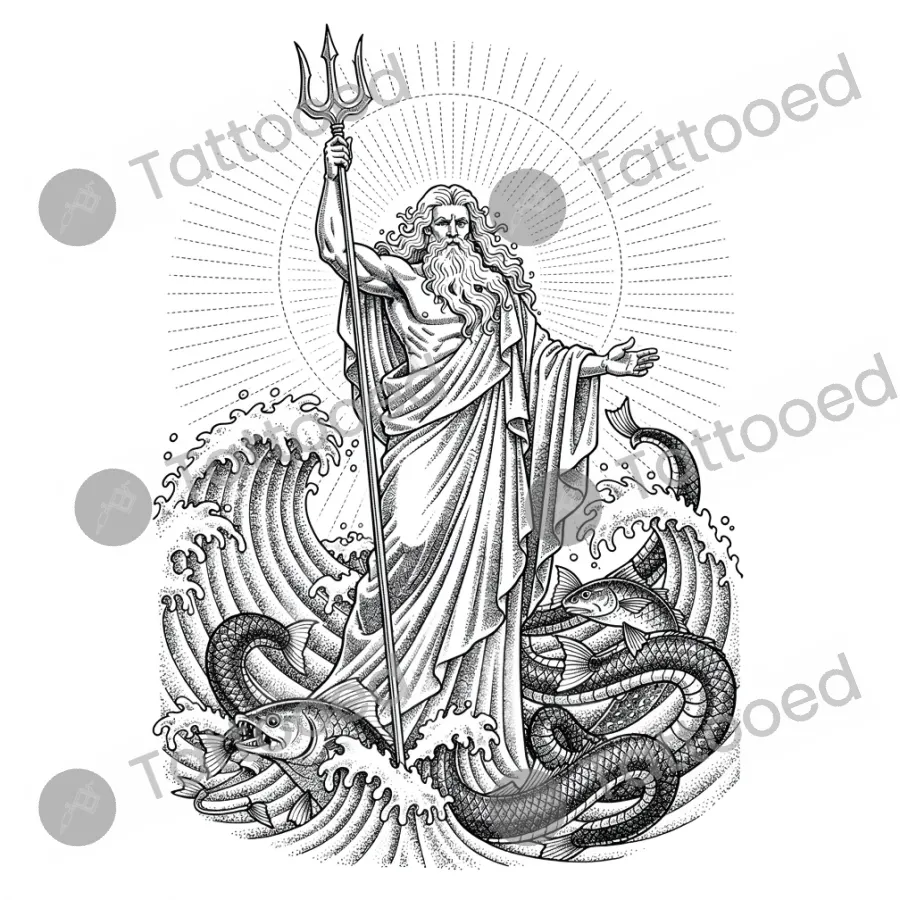 Poseidon Rising from the Ocean, fine line tattoo flash design