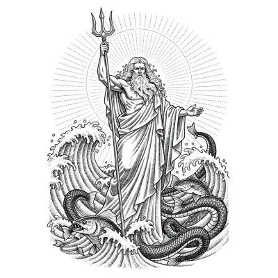 Poseidon Rising from the Ocean, Fine Line tattoo flash design