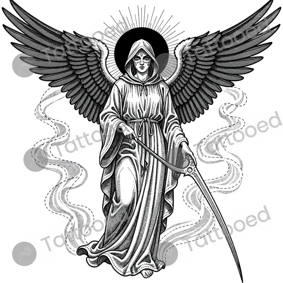 Angel of Death Azrael, fine line tattoo flash design