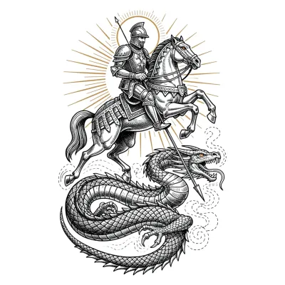 Saint George Slaying the Dragon, Fine Line tattoo flash design