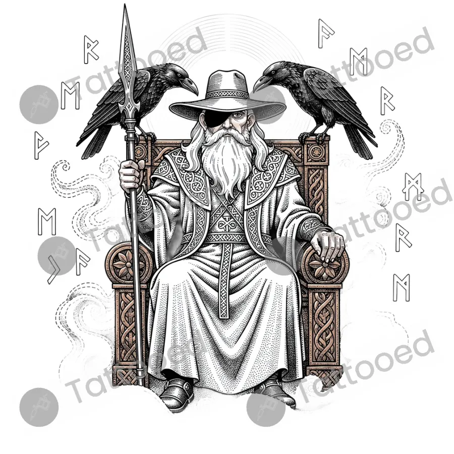 Odin All-Father with Ravens, fine line tattoo flash design
