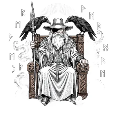 Odin All-Father with Ravens, Fine Line tattoo flash design