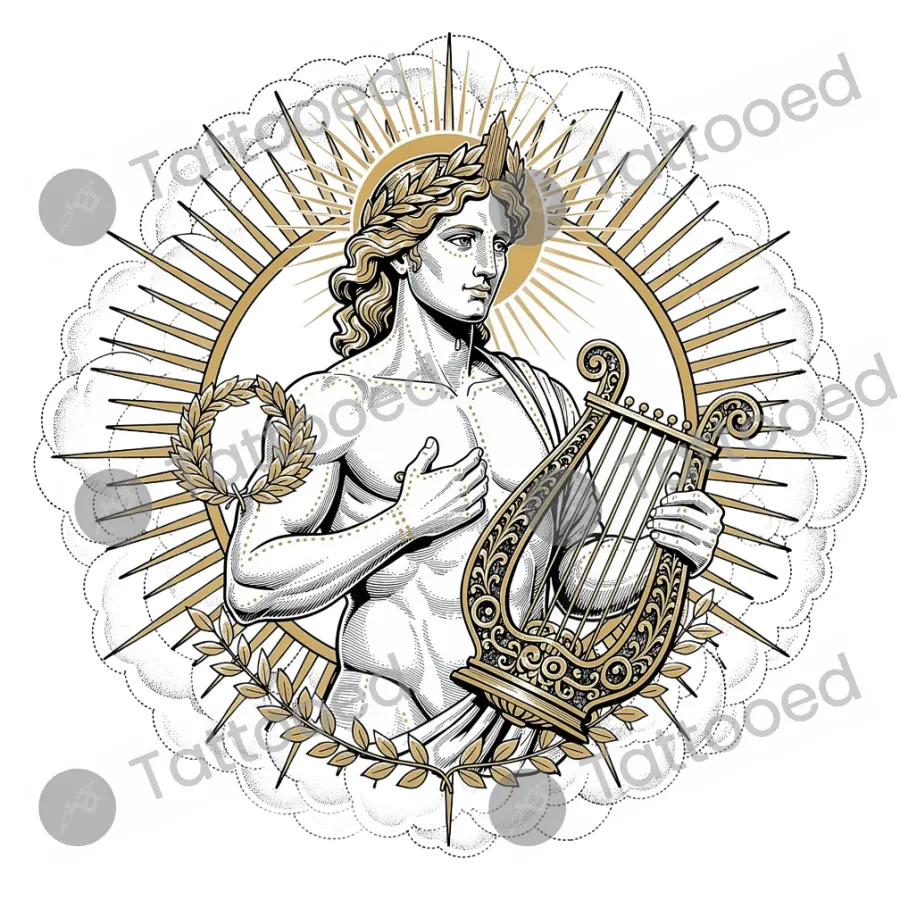 Apollo Sun God with Solar Crown, fine line tattoo flash design