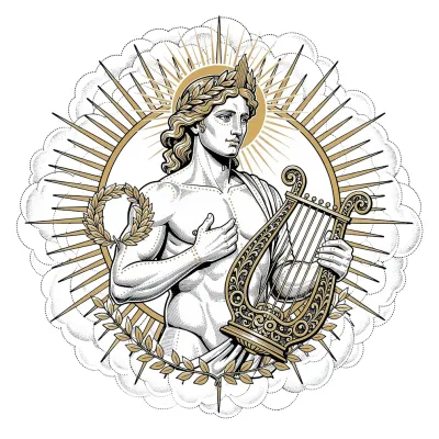 Apollo Sun God with Solar Crown, Fine Line tattoo flash design