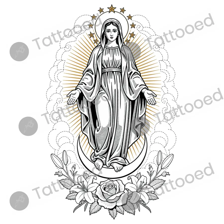 Virgin Mary with Golden Mandorla, fine line tattoo flash design