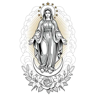Virgin Mary with Golden Mandorla, Fine Line tattoo flash design