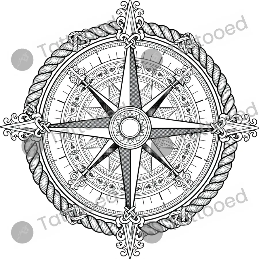 Vintage Compass Rose, ornamental tattoo flash design