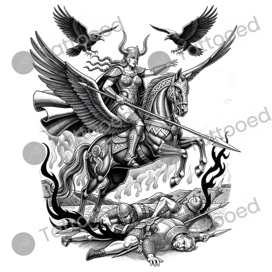 Norse Valkyrie Riding through Battle, fine line tattoo flash design