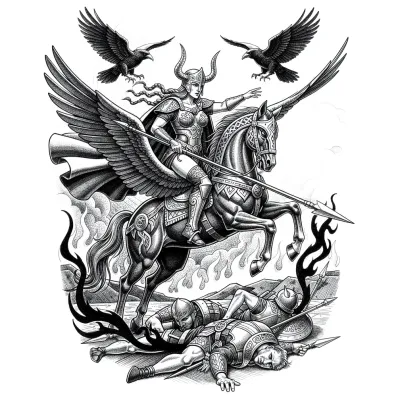 Norse Valkyrie Riding through Battle, Fine Line tattoo flash design