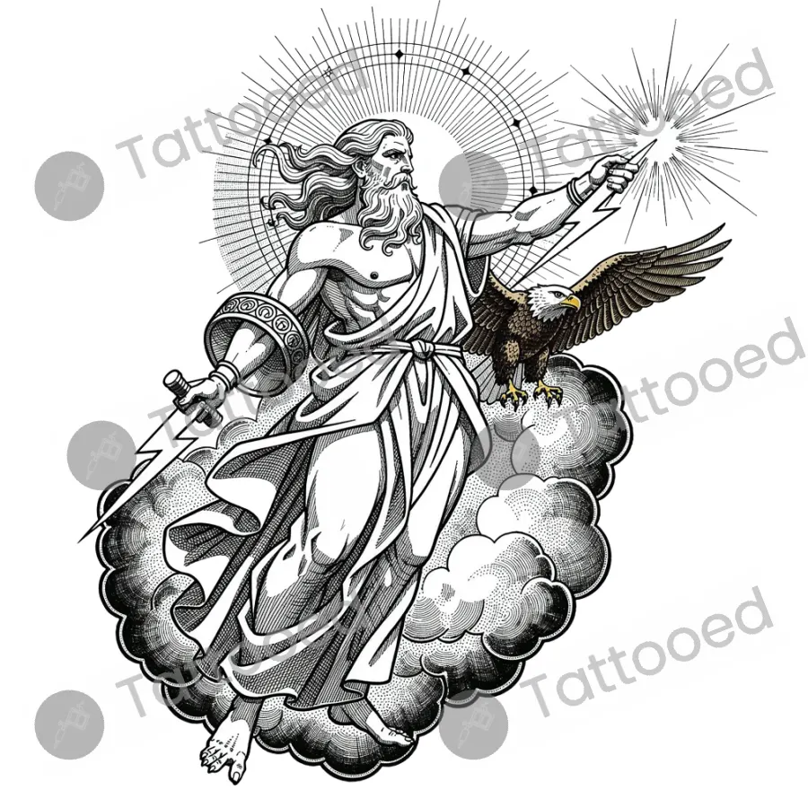 Zeus Descending with Lightning, fine line tattoo flash design
