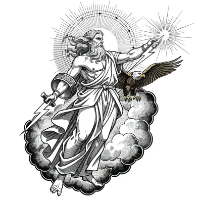 Zeus Descending with Lightning, Fine Line tattoo flash design