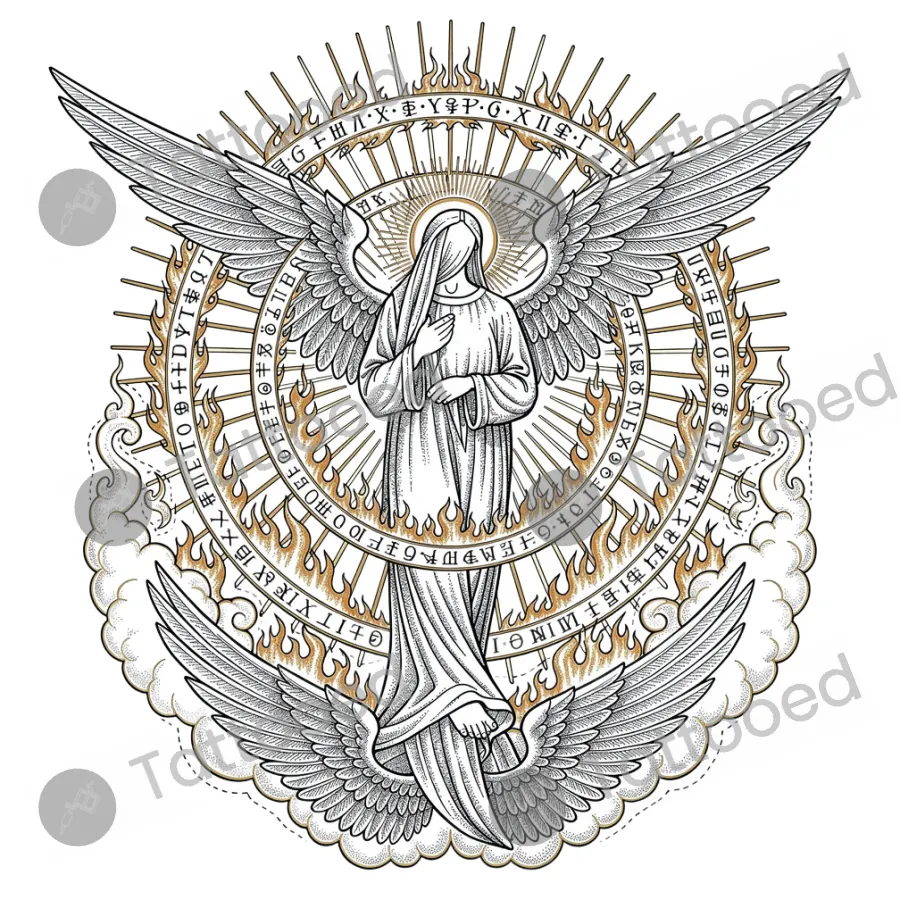 Seraphim in Sacred Fire, fine line tattoo flash design