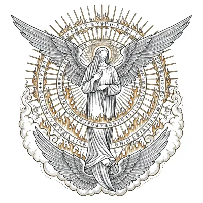 Seraphim in Sacred Fire, Fine Line tattoo flash design