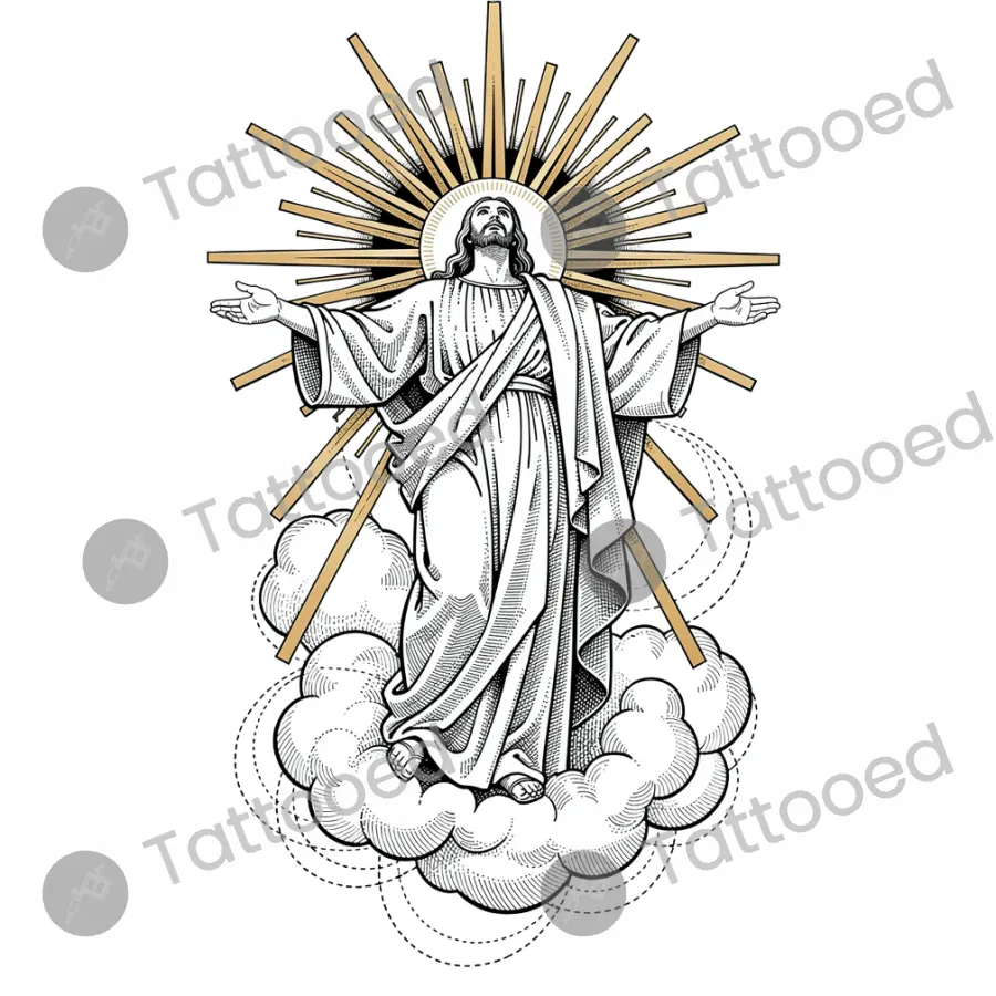 Jesus Christ Ascending in Glory, fine line tattoo flash design