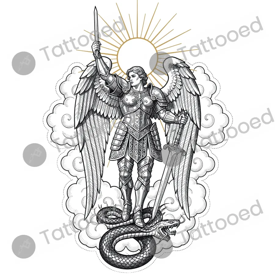Archangel Michael Ascending Warrior, fine line tattoo flash design