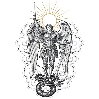 Archangel Michael Ascending Warrior, Fine Line tattoo flash design