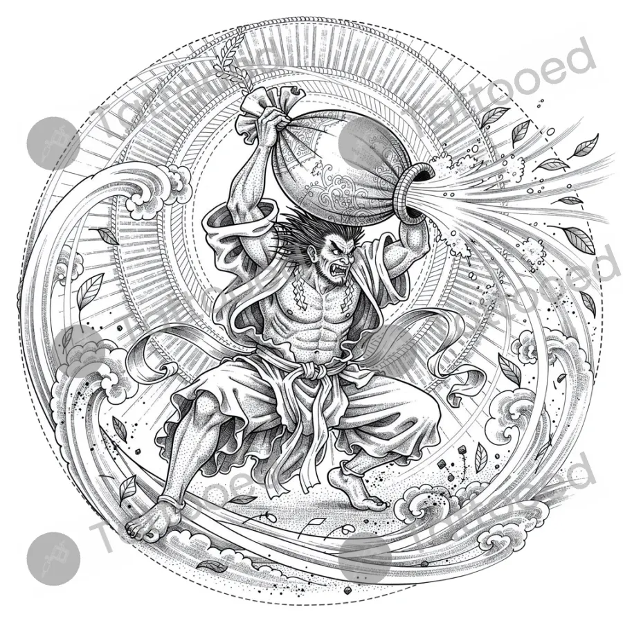 Fujin God of Wind, fine line tattoo flash design