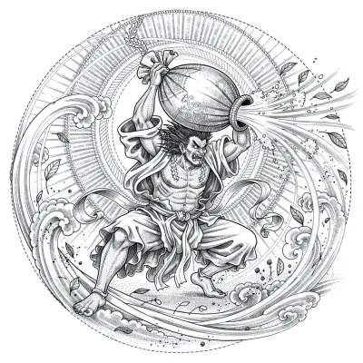 Fujin God of Wind, Fine Line tattoo flash design