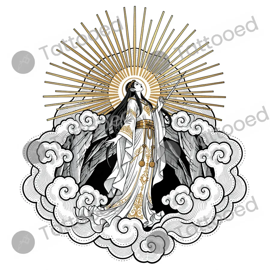 Amaterasu Sun Goddess, fine line tattoo flash design