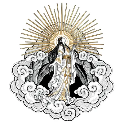 Amaterasu Sun Goddess, Fine Line tattoo flash design