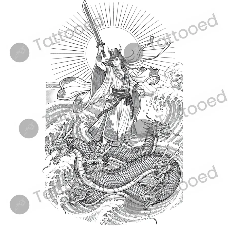 Susanoo God of Storms, fine line tattoo flash design