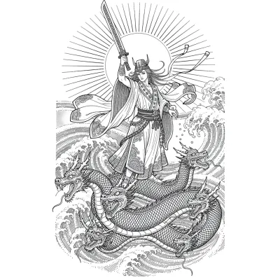 Susanoo God of Storms, Fine Line tattoo flash design