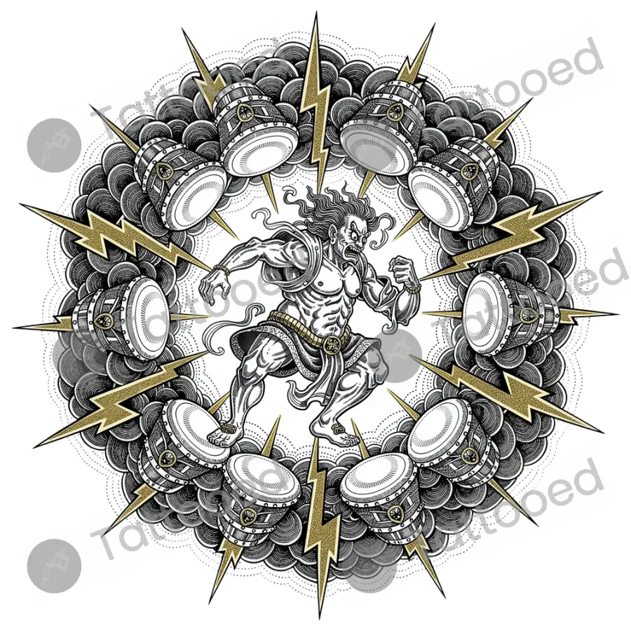 Raijin God of Thunder, fine line tattoo flash design