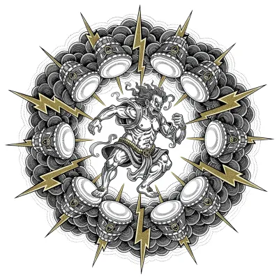 Raijin God of Thunder, Fine Line tattoo flash design