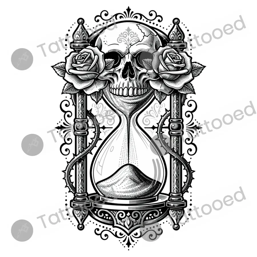 Skull & Hourglass, traditional tattoo flash design