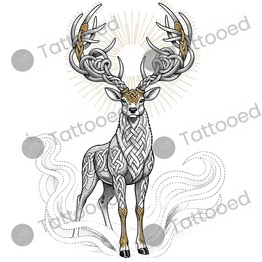 Celtic Sacred Stag, fine line tattoo flash design