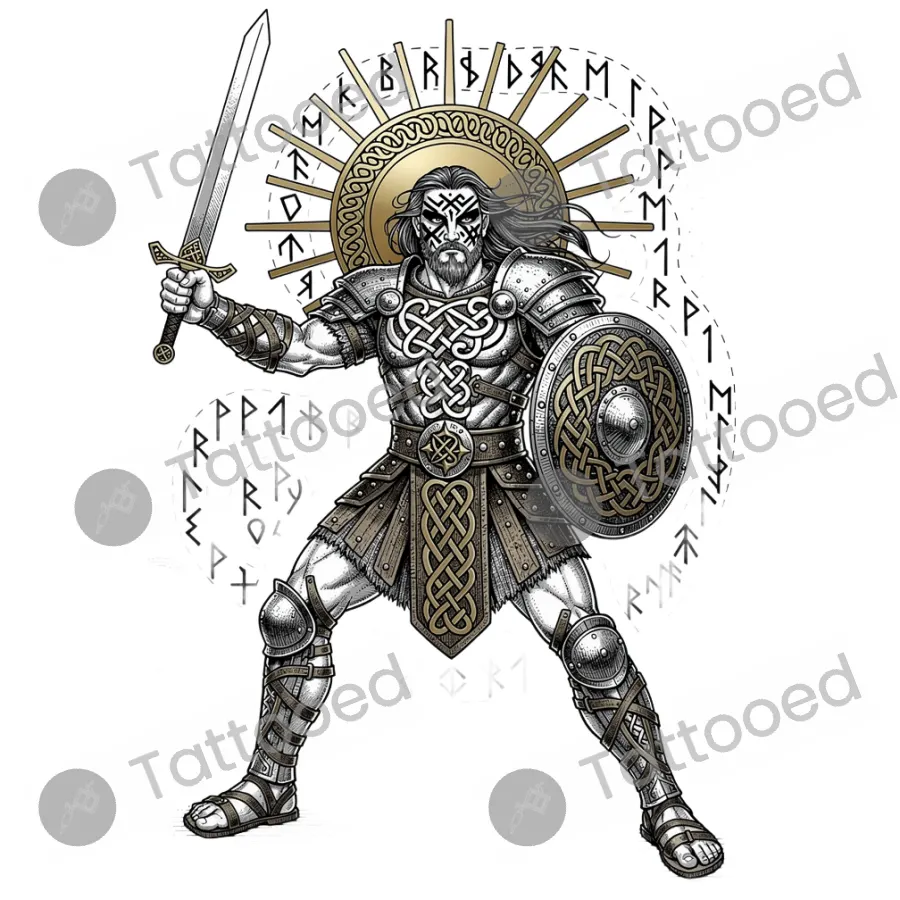 Celtic Warrior with Ancient Runes, fine line tattoo flash design