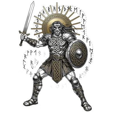 Celtic Warrior with Ancient Runes, Fine Line tattoo flash design