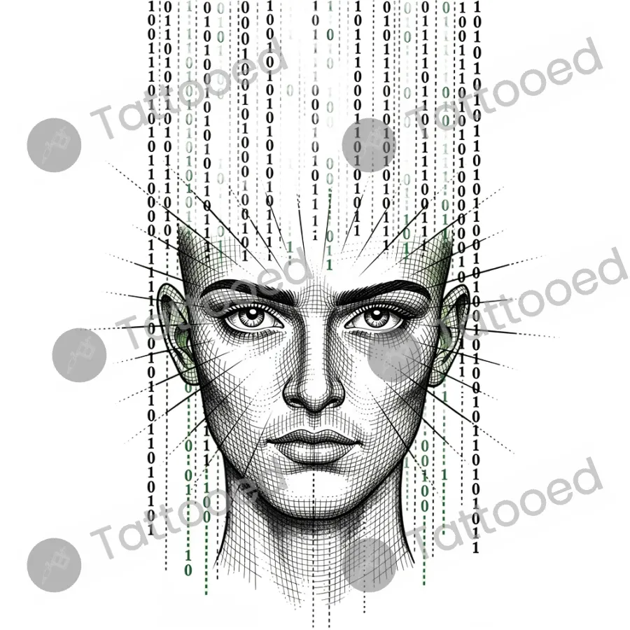 Binary Matrix Face, fine line tattoo flash design