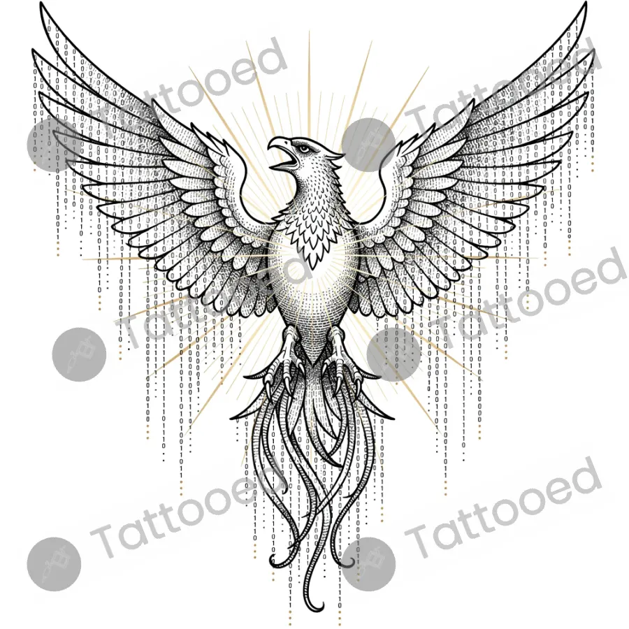 Binary Phoenix Rising, fine line tattoo flash design