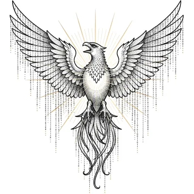 Binary Phoenix Rising, Fine Line tattoo flash design