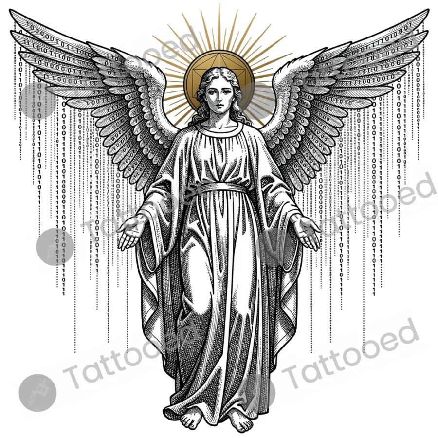 Digital Angel, fine line tattoo flash design