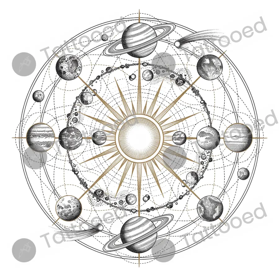 Sacred Solar System, fine line tattoo flash design