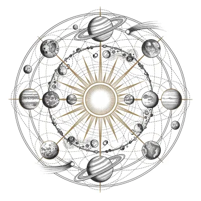 Sacred Solar System, Fine Line tattoo flash design