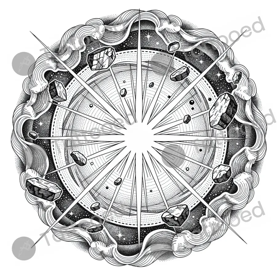 Dying Star Supernova, fine line tattoo flash design