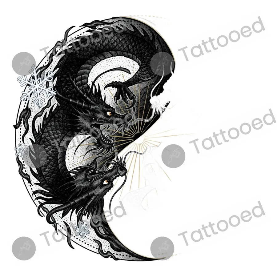 Twin Dragons Yin Yang, fine line tattoo flash design