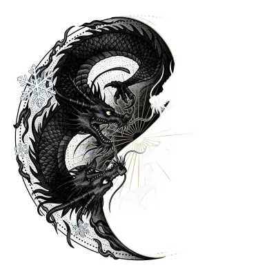 Twin Dragons Yin Yang, Fine Line tattoo flash design