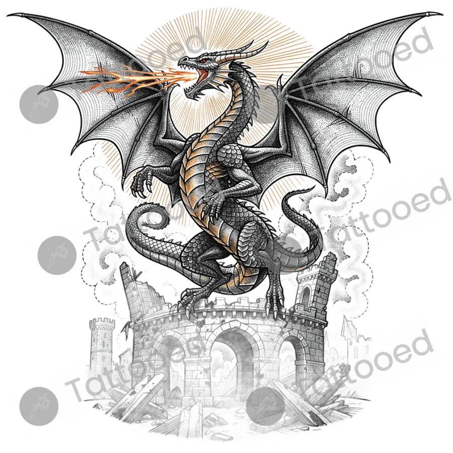 Fire Dragon over Ruins, fine line tattoo flash design