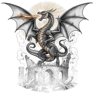 Fire Dragon over Ruins, Fine Line tattoo flash design