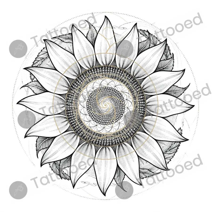 Fibonacci Sunflower Spiral, fine line tattoo flash design