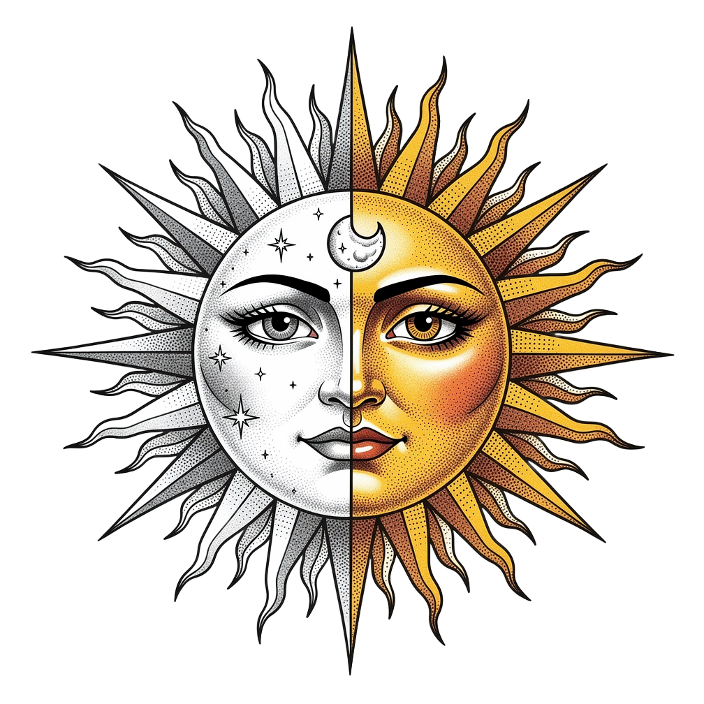 Sun and Moon Split Face, fine line tattoo flash design