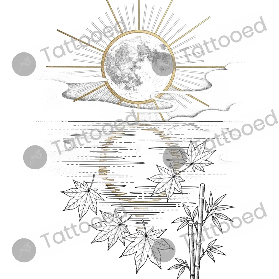Japanese Harvest Moon, fine line tattoo flash design