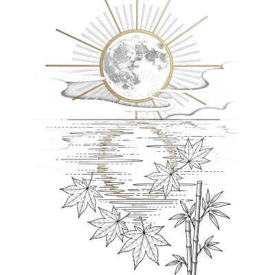 Japanese Harvest Moon, Fine Line tattoo flash design