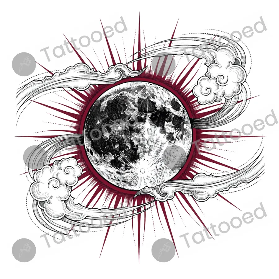 Blood Moon Eclipse, fine line tattoo flash design