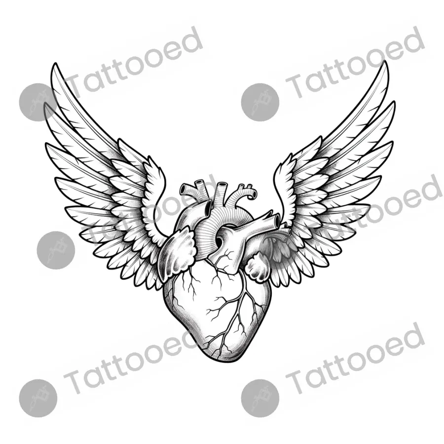 Micro Heart with Angel Wings, fine line tattoo flash design