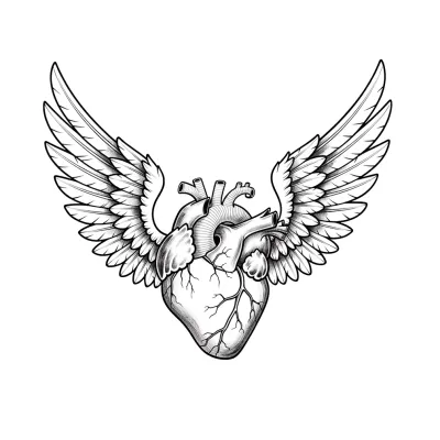 Micro Heart with Angel Wings, Fine Line tattoo flash design